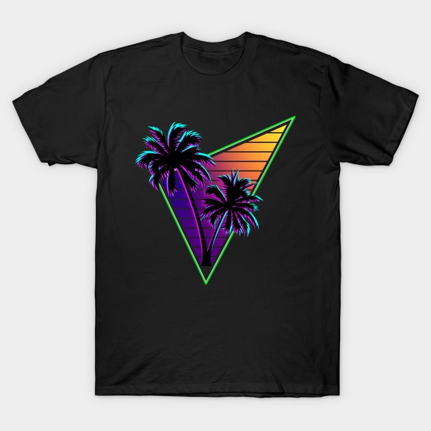 80s Synthwave Inspire Palm Tree Silhouette Triangle Design T-Shirt by Brobocop